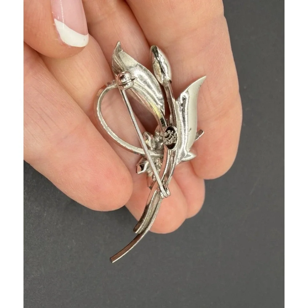 Vintage STAR ART Sterling Silver Flower Spray Brooch Pin Green Rhinestone 1950s